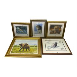After Stephen Gayford (British 1954-): 'Little Princess' 'Enigmatic' and 'Winter Sun', set three limited edition colour prints signed in pencil together with a print on canvas of an elephant after the same artist and a print of labradors after Nigel Hemming max 36cm x 49cm (5)