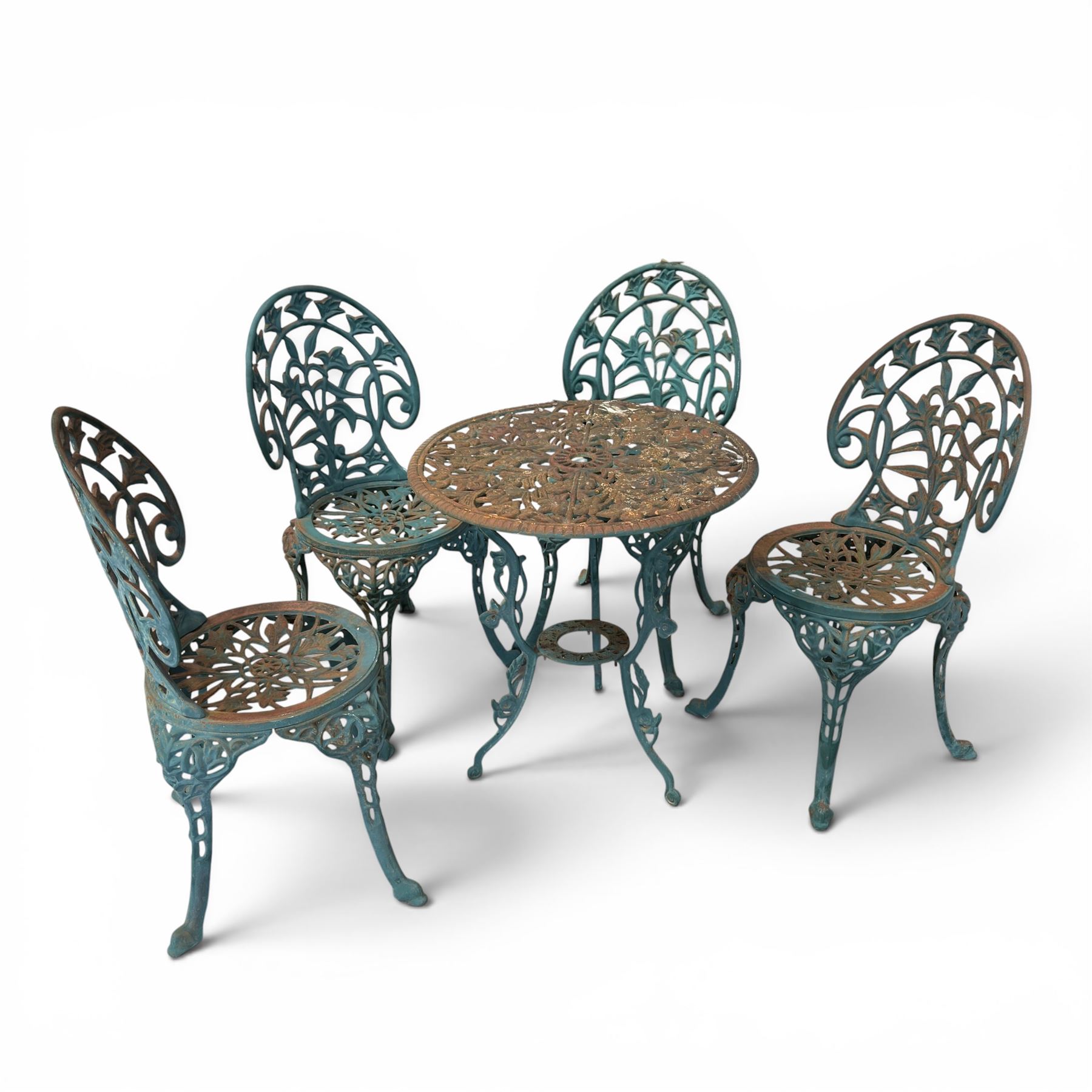 Cast iron garden table and four chairs, in the Art Nouveau style, with pierced floral and foliate decoration throughout, circular table raised on four cabriole legs with stretcher ring, chairs with shaped openwork backs and seats, in a weathered green finish