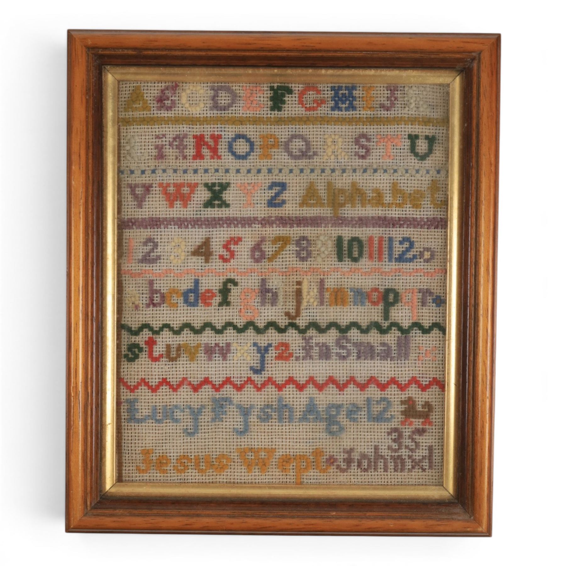 Late 19th early alphabet cross stitch sampler by E Wells age 13, together with two others 