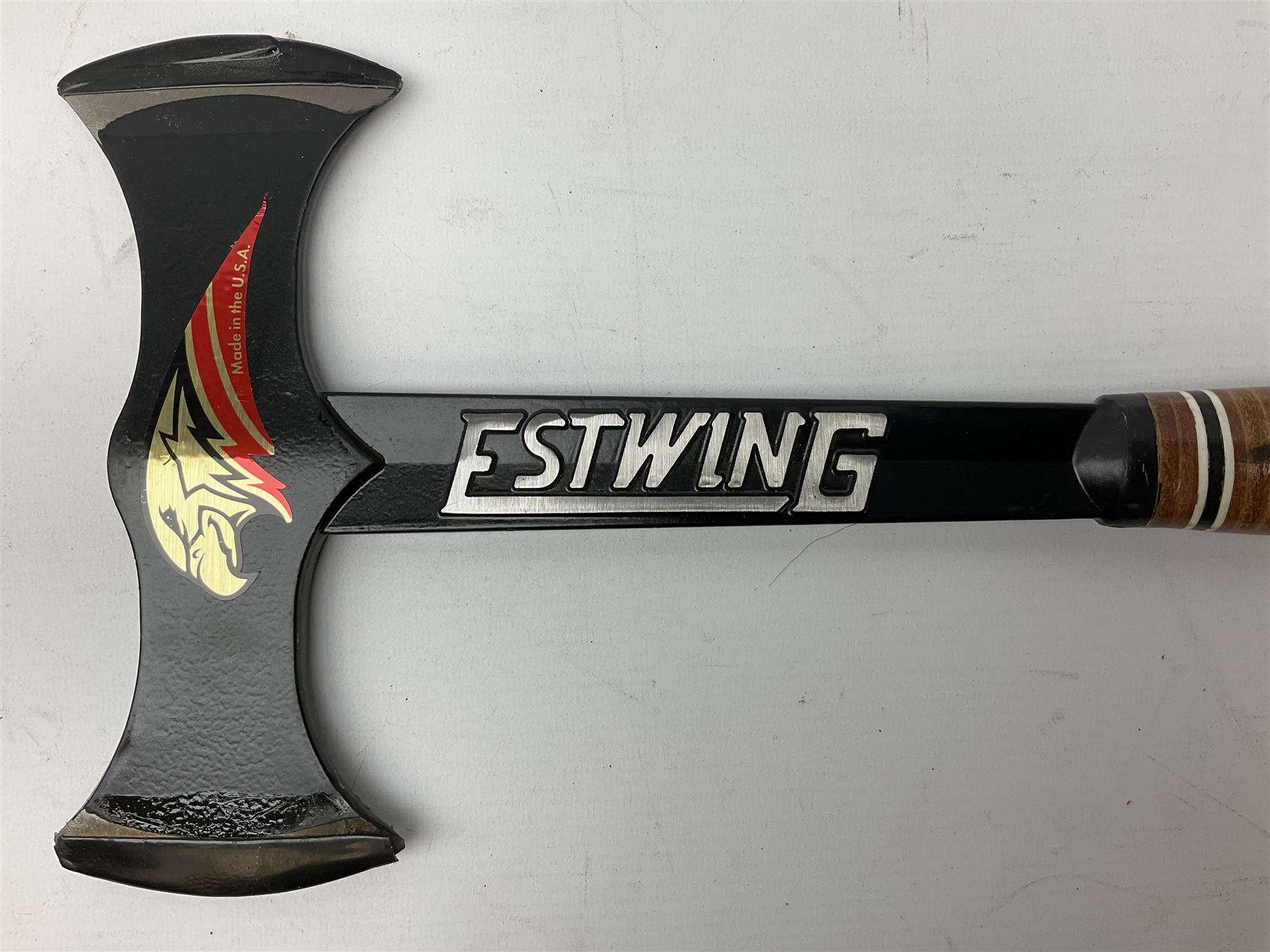 Estwing Black Eagle style double bit throwing axe with leather grip, virtually mint with labels present, plastic blade protectors and nylon sheath L43cm; another smaller Estwing axe stamped 24A to the pommel, with leather grip and sheath; and a vintage short handled hedge knife, the blade stamped IH (?) No.2 (3)