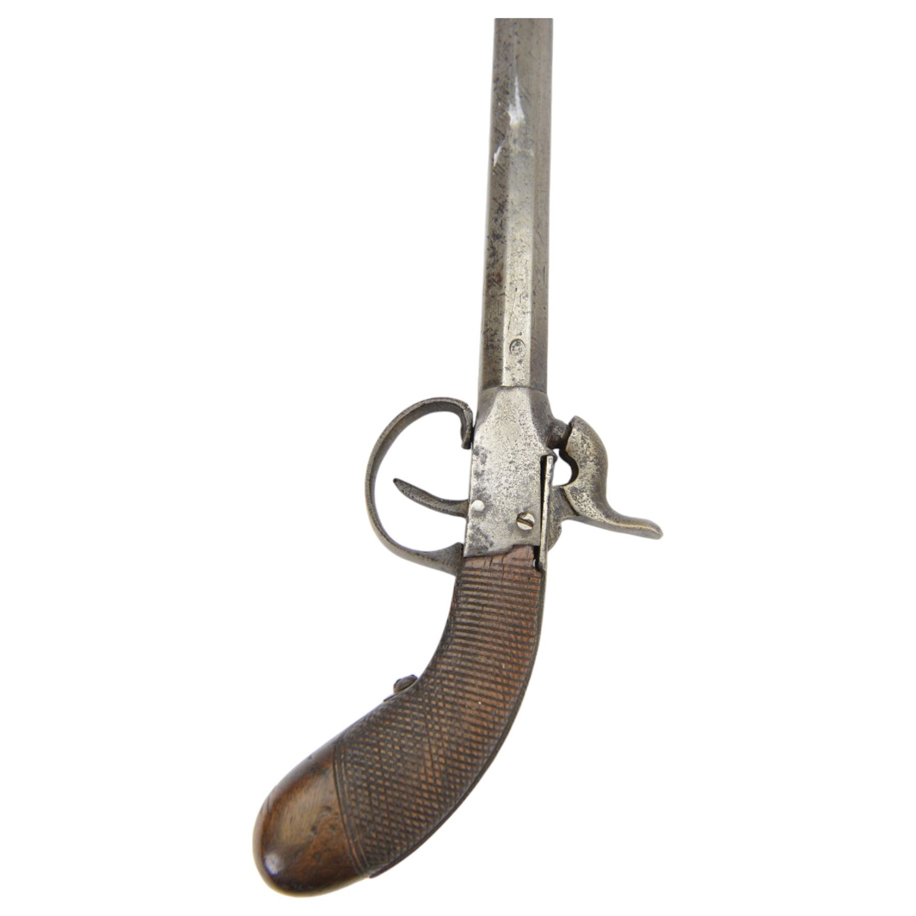 Late 19th century Belgian percussion boxlock pocket pistol, marked PM, with octagonal barrel and checkered wooden grip, L23cm
Sold as an exempt item under Section 58 (2) of the 1968 Firearms Act, to be held as a curiosity or ornament