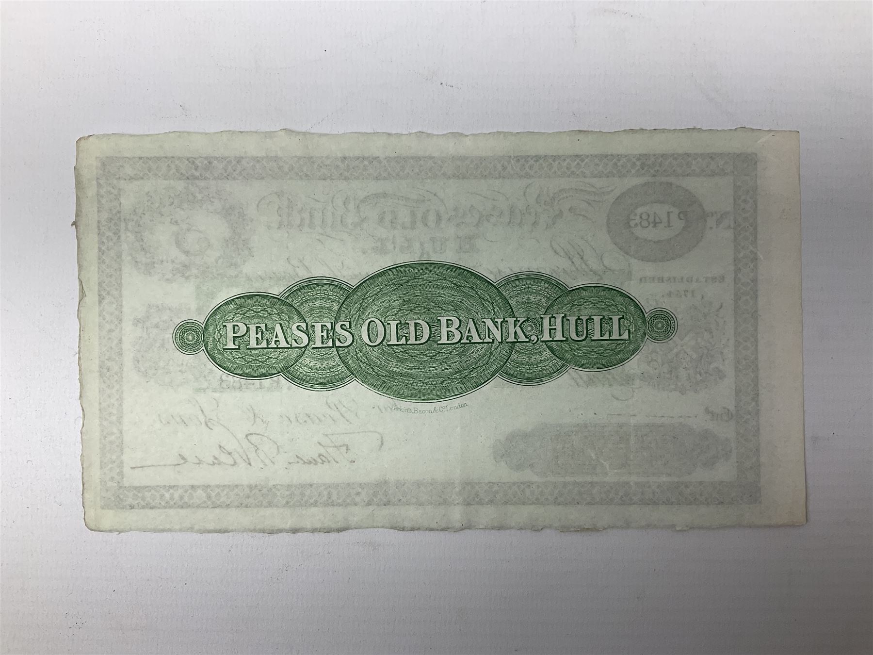 Pease's Old Bank Hull, five pounds banknote for Pease & Sons, numbered P1483, with 'Peases Old Bank, Hull' to the reverse