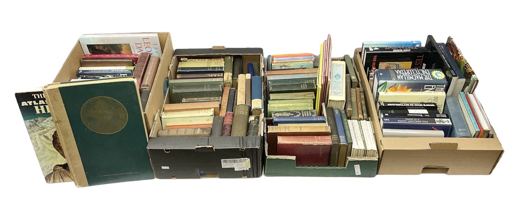 Collection of books to include Readers Digest Great World Atlas, the Macmillan Encyclopedia, poetry books, art reference books etc, in four boxes    