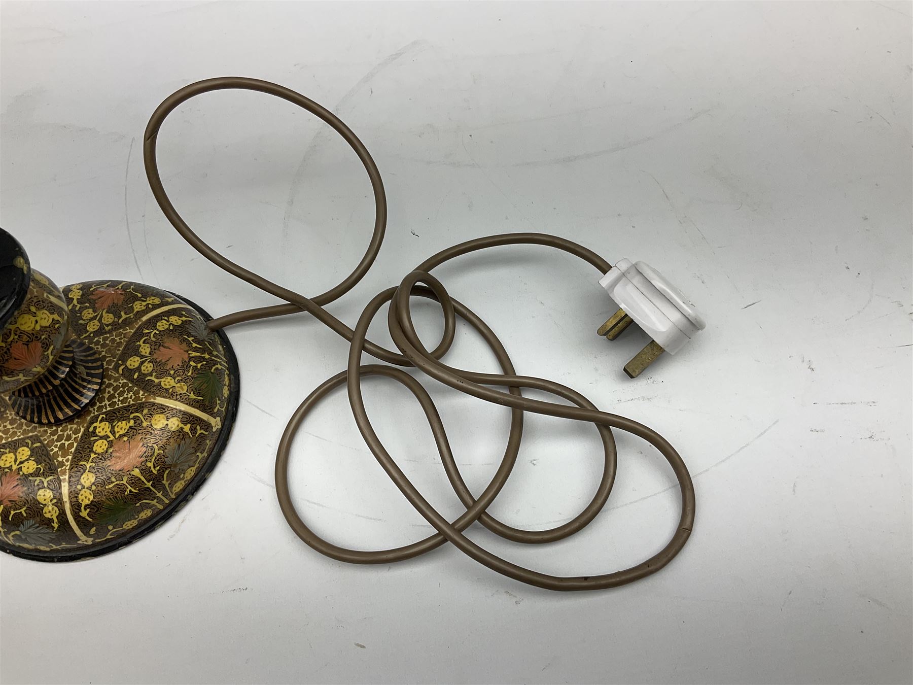  Kashmiri papier mache table lamp, open spiral twist column decorated with flowers, on a turned base,  H43cm