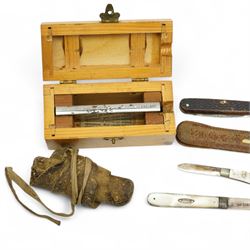 Two mother of pearl fruit knives with silver blades, 19th century pen knife with horn case by William Oates, Sheffield, another by Hunter, Sheffield, various other pen knives, cut throat razor by Barlow, Sheffield and a re-sharpening tool