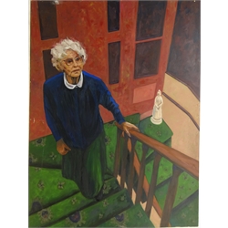  Up the Stairs, contemporary oil on board by Dorothy Thelwall unsigned 122cm x 90cm unframed  Notes: from her Studio collection Ripon   