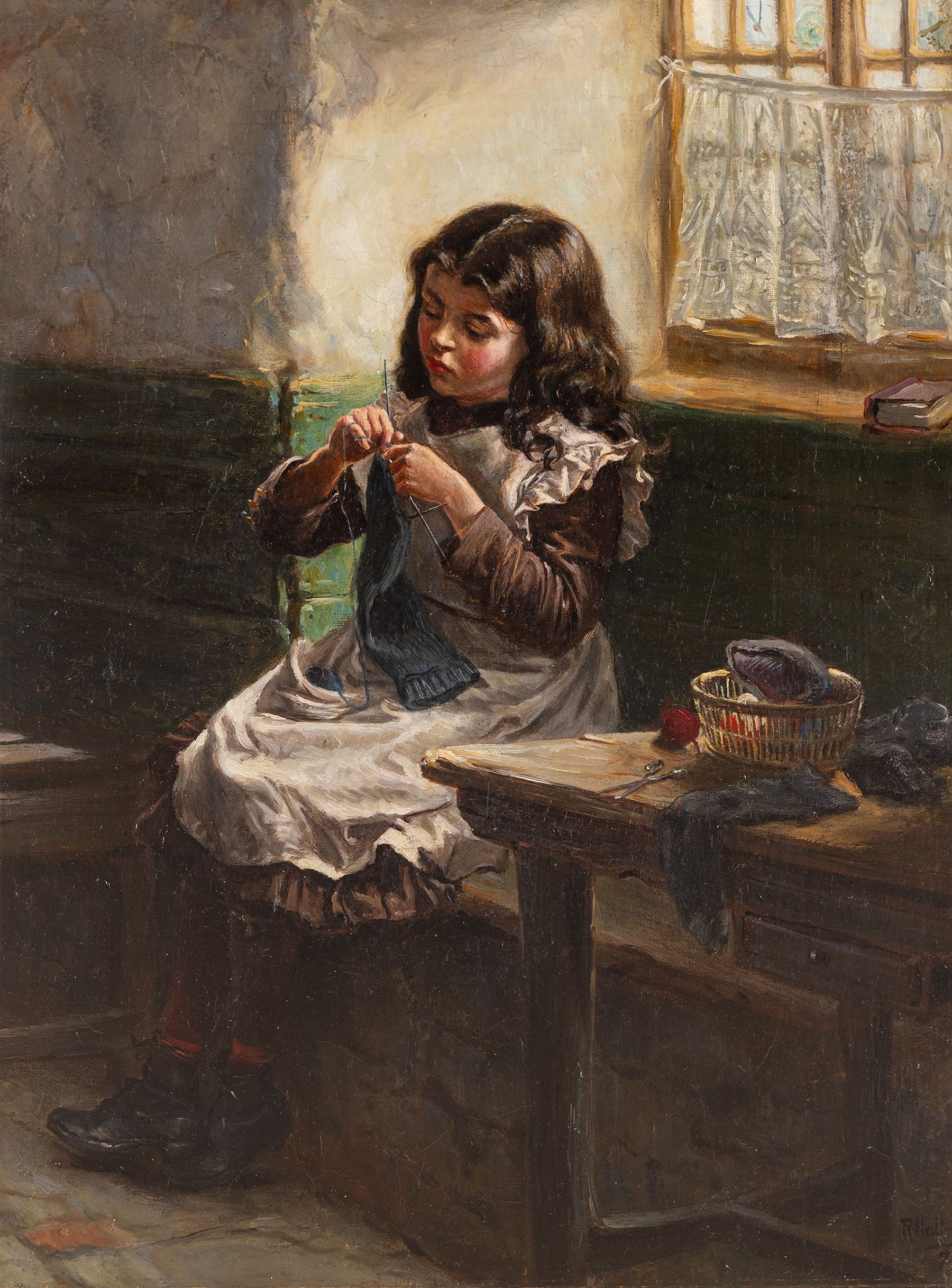 Ralph Hedley (Staithes Group 1848-1913): Girl Knitting, oil on canvas signed and dated '73, 43cm x 32cm
Provenance: Exh. Laing Art Gallery & Museum, Exhibition of Works by Ralph Hedley R.B.A 1938, cat. no. 1 Newcastle upon Tyne