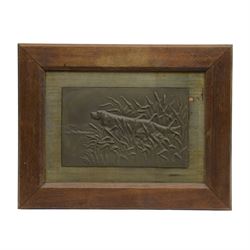 After Barye, bronze plaque cast in relief, depicting a hunting dog amongst reeds, within a...