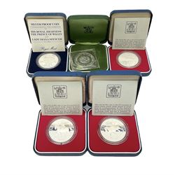 Five The Royal Mint United Kingdom silver crown coins, dated 1972, three 1977 and 1981, all cased with certificates