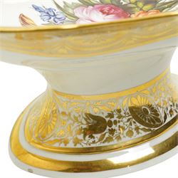 Early 19th century Derby comport of shaped oval design, the interior painted with a large spray of Spring flowers, the gilt border with a continuous band of flower heads repeated on the oval foot, red painted mark, pattern 42 L34cm