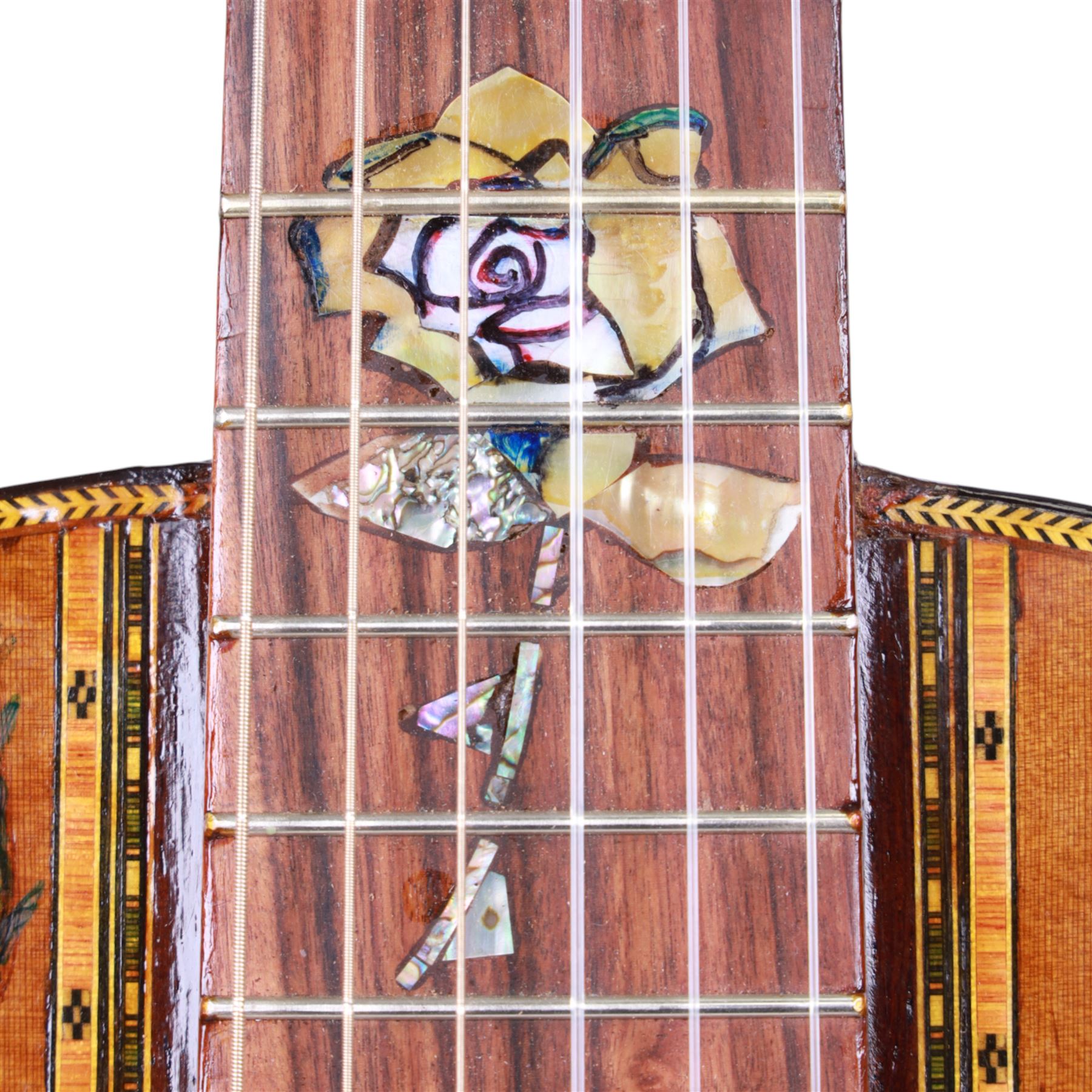 'The Moor Relic' classical guitar, with aged finish and abalone inlay, made by Geoff Hall, stringed instrument maker