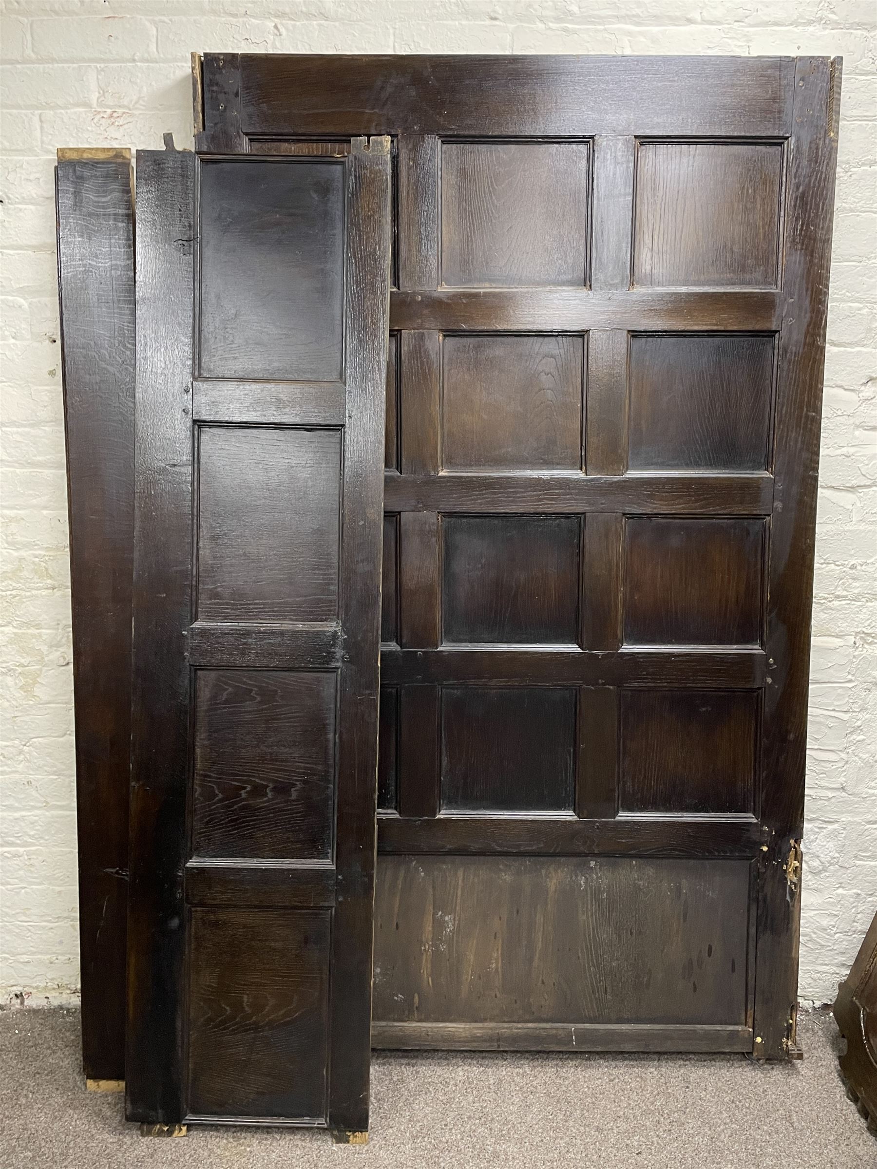 17th century style oak 4' four poster bed, high panelled back with projecting canopy cornice and panelled roof, turned posts with panelled front