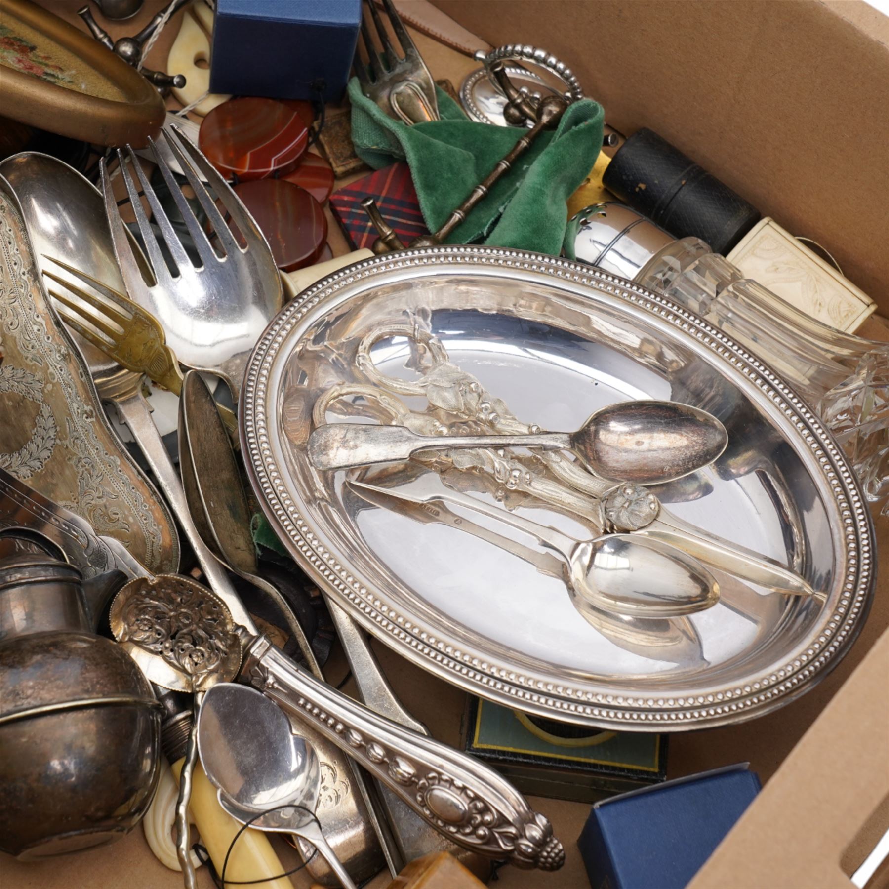 Various silver plate items, wooden kaleidoscope, Royal Scot crystal glasses, needlework, bone snuff boxes, etc