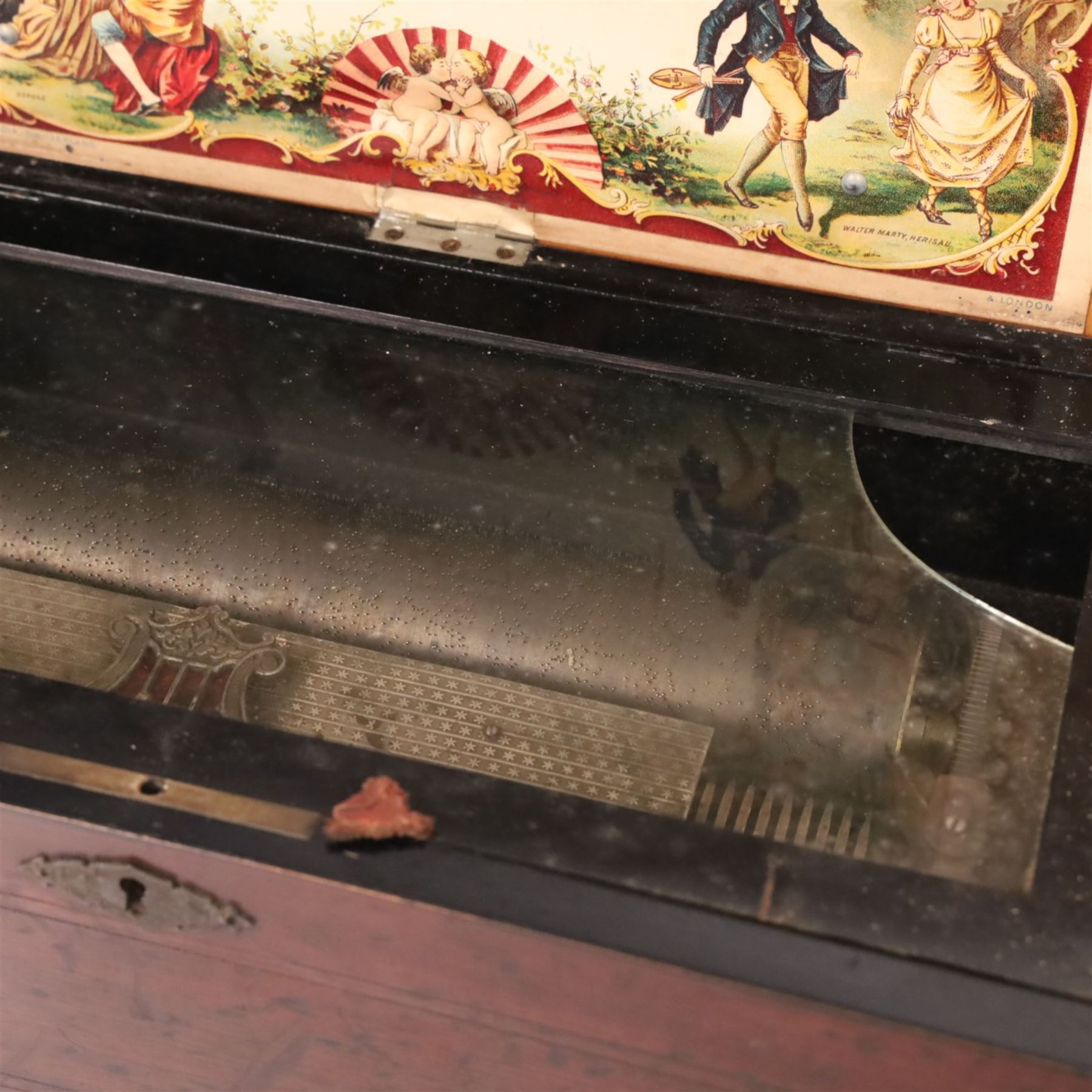 Swiss-Late 19th-century musical box playing ten airs, 62 tooth steel comb and brass cylinder, crank operated going barrel with a jewelled governor, with original tune sheet, W60cm
