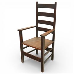 Arts and Crafts oak ladder back armchair in the manner of M H Baillie Scott, the high back...