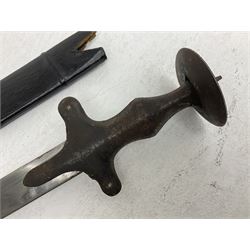 20th century Indian Tulwar sword with 71cm plain curving steel blade and iron hilt with extended langets, knopped grip and spiked pommel; in canvas covered wooden scabbard L87.5cm overall; together with five fencing swords comprising four foils and one epee, three marked Leon Paul, one in carrying case (6)