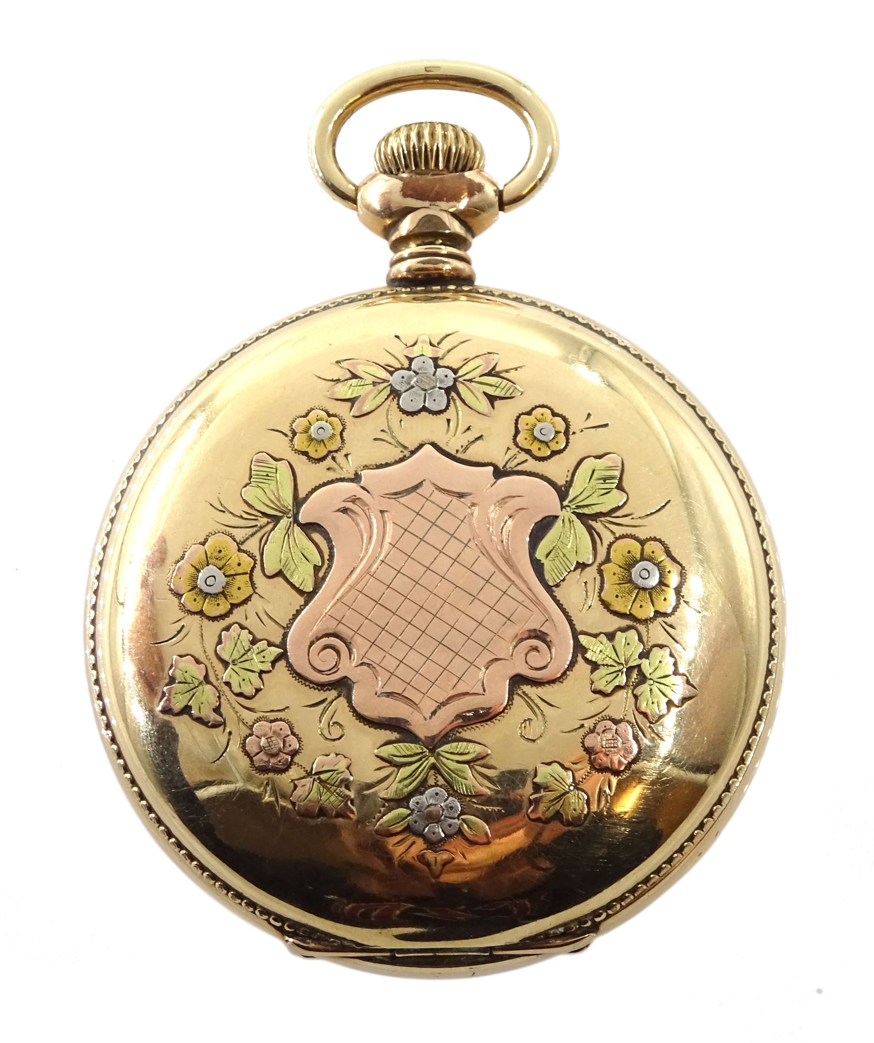 American gold-plated full hunter, 21 jewels keyless pocket watch by Hampden Watch Co, No. 1406468, the movement signed 'North American Railway', white enamel dial with Arabic numerals and subsidiary seconds dial, the case front decorated with applied cartouche and coloured flowers, the reverse depicting a stag within a floral wreath