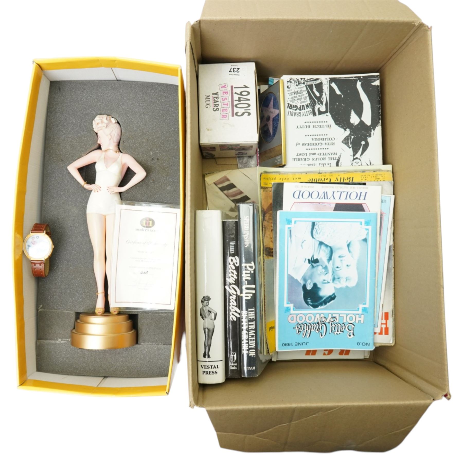 Betty Grable - Limited edition figure of Betty Grable by Modern Icons 458/2500, with magazines, books and other items relating to Betty Gable