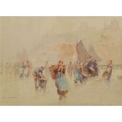 Frank Rousse (British fl.1897-1917): Fishermen and Women Unloading the Catch on Whitby Pier, watercolour signed under the mount 25cm x 33cm