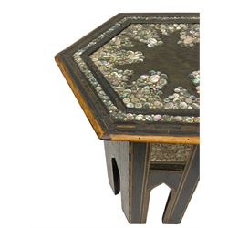 Early 20th century Anglo-Indian hexagonal table, the top decorated with mother of pearl beads and chequered banding, the base with fretwork pointed arches and inlays
