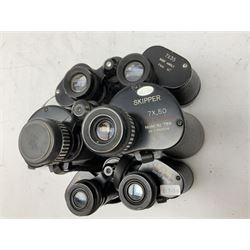 Twelve pairs of binoculars to include BWCF 7x35 Extra Wide Angle, Carl Zeiss Jena Delturis 8x24, Carl Zeiss Jena Jenoptem 8x30W, Chinon Countryman 10x50,  Ajax 8x30, Regent 16x50, etc,  some with cases