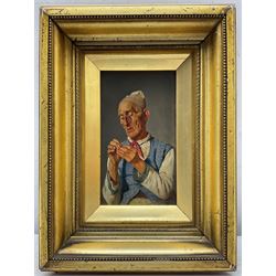 Giuseppe Costantini (Italian 1843-1894): Gentleman Threading a Needle, oil on panel signed and dated 1879, 17cm x 10cm