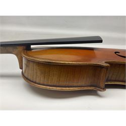 German trade violin c1900 copy of a Maggini with 36.5cm two-piece maple back and ribs and spruce top; double scroll; L60cm overall; in carrying case