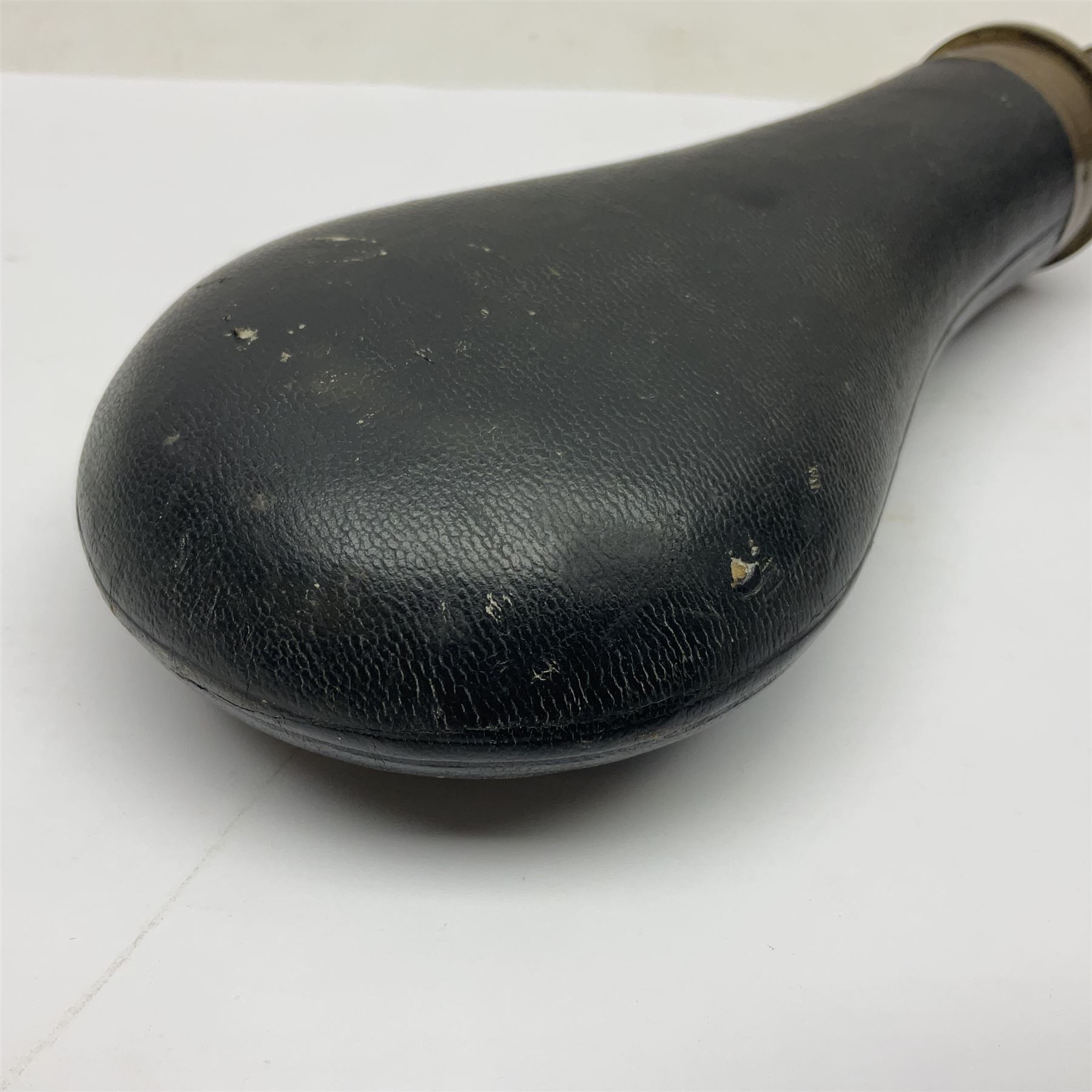 19th century James Dixon & Sons leather covered powder flask with patent action adjustable shot measure to dispense 2 1/4 - 3 drams; marked Parker Hale Ltd. Birmingham England L20cm