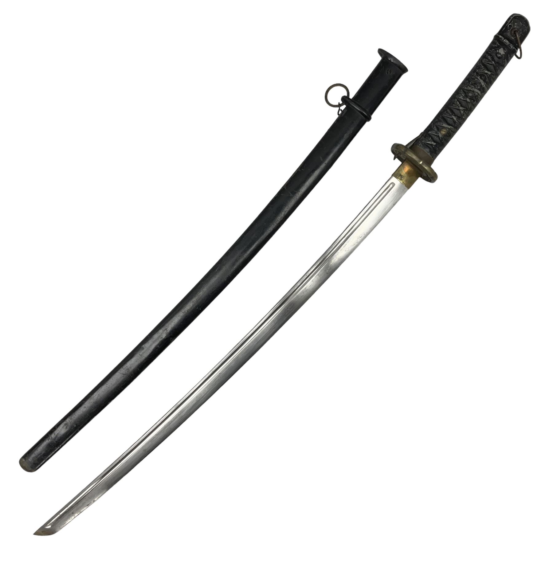 WW2 Japanese Army NCOs sword - katana, the 69.5cm slightly curving fullered blade numbered 14656; arsenal markings stamped near the habaki on the handle; brass tsuba and black painted metal hilt cast to simulate cord bound fish skin; in black painted steel scabbard with single suspension ring L96cm overall