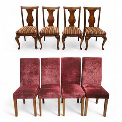 Willis & Gambier - mahogany extending dining table, rectangular top with rounded corners on cabriole legs, with two 35cm extension leaves, four Willis & Gambier upholstered high back chairs and four mahogany chairs, upholstered in a stripped multi-coloured velvet fabric, with scroll-shaped top rail, lyre-shaped back splat on cabriole legs, chairs W46xD91x97cm (11) 
