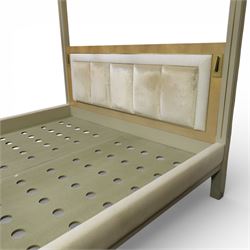 Contemporary maple and inlaid brass Emperor sized four poster bed, rectangular canopy frame with square section uprights, panelled headboard incorporating a padded upholstered inset, flanked by brass reading light fittings, low footboard with moulded panel detail, raised on square inlaid brass supports