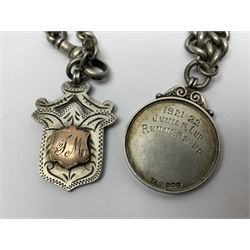 WW1 group of three medals comprising 1914-15 Star awarded to L-Cpl. W.J. Horspool R.War.R., British War Medal and Victory Medal awarded to A. Cpl. W.J. Horspool R.War.R.; WW1 British War Medal awarded to 3-8755 W.O.Cl.2. S. Paterson North'd Fus.; and hallmarked silver and enamel Northumberland Football Association Junior Cup Runners Up fob 1921-22 on silver chain (5)