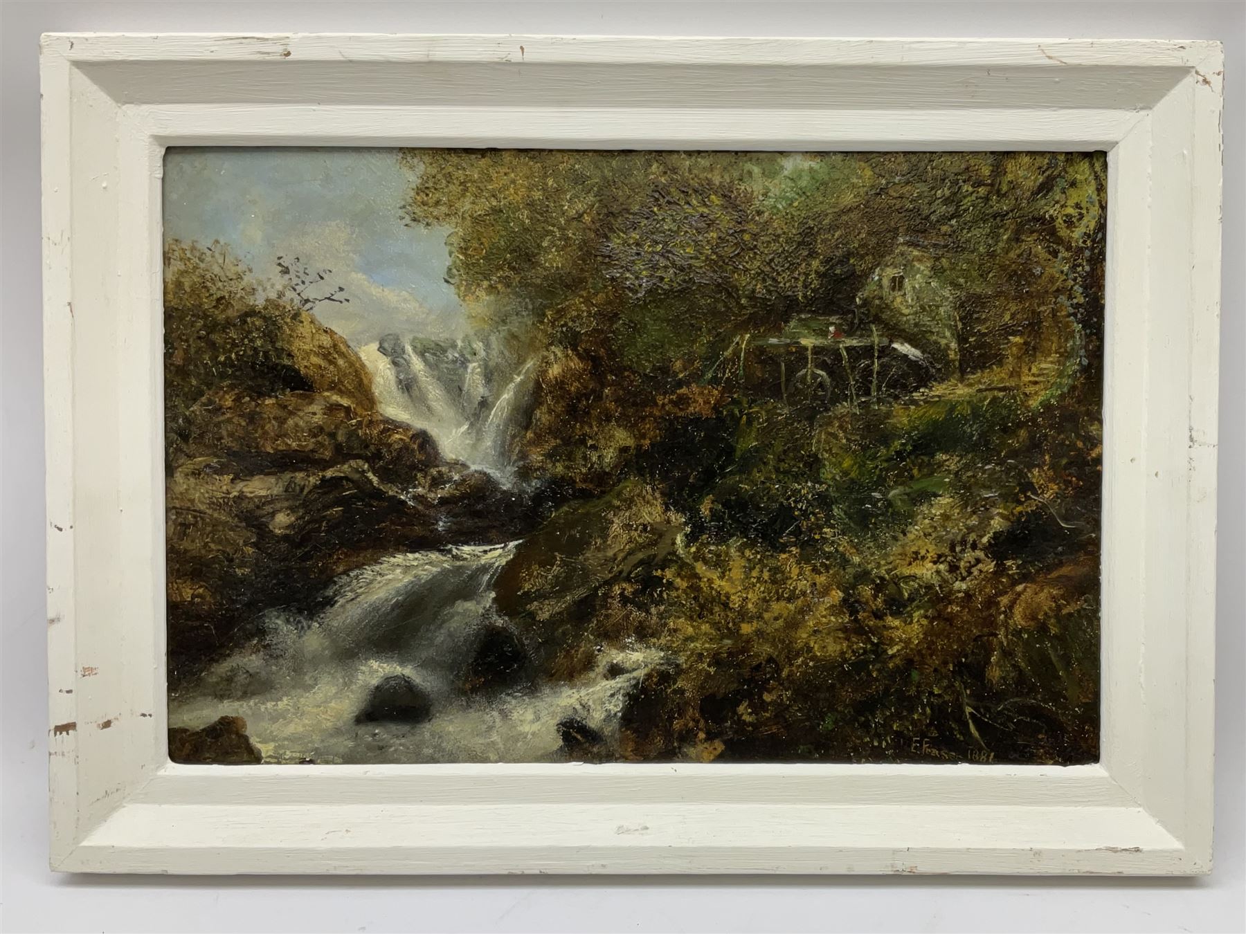 E Fraser (Scottish 19th century): Picnic Next to Roaring Waterfall, oil on board signed and dated 1884, 29cm x 44cm