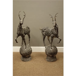  Pair cast metal garden stags on spherical mounts, figures/gate post finials, H91cm  
