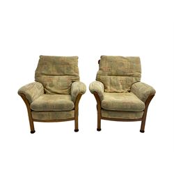 Mid-20th century beech framed three seat sofa (W1180cm) and pair of matching armchairs (W95cm) upholstered in neutral patterned fabric