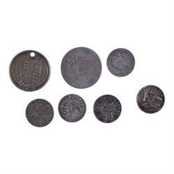 Approximately 16 grams of Great British pre-1920 and approximately 160 grams of pre-1947 silver coins, together with further pre-decimal coins, a Guernsey 1868 eight doubles, and an Ireland George III 1769 half penny