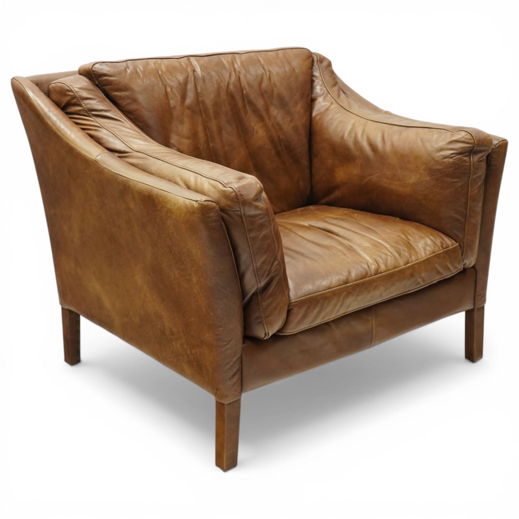 Barker & Stonehouse - 'Dillon' armchair upholstered in brown leather, with stitched back and side cushions, raised on square supports wrapped in leather