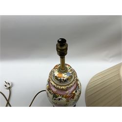 Table lamp of baluster form, decorated in the Oriental style with phoenix and dragon amidst blossoming flowers, with plated cream fabric shade, lamp base not including fixtures H35cm