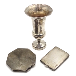 Silver compact, match holder, engine turned decoration and a weighted posy vase all hallmarked