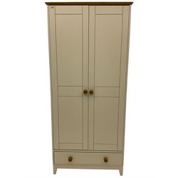 Cream finish double wardrobe, single drawer to base, oak top and handles