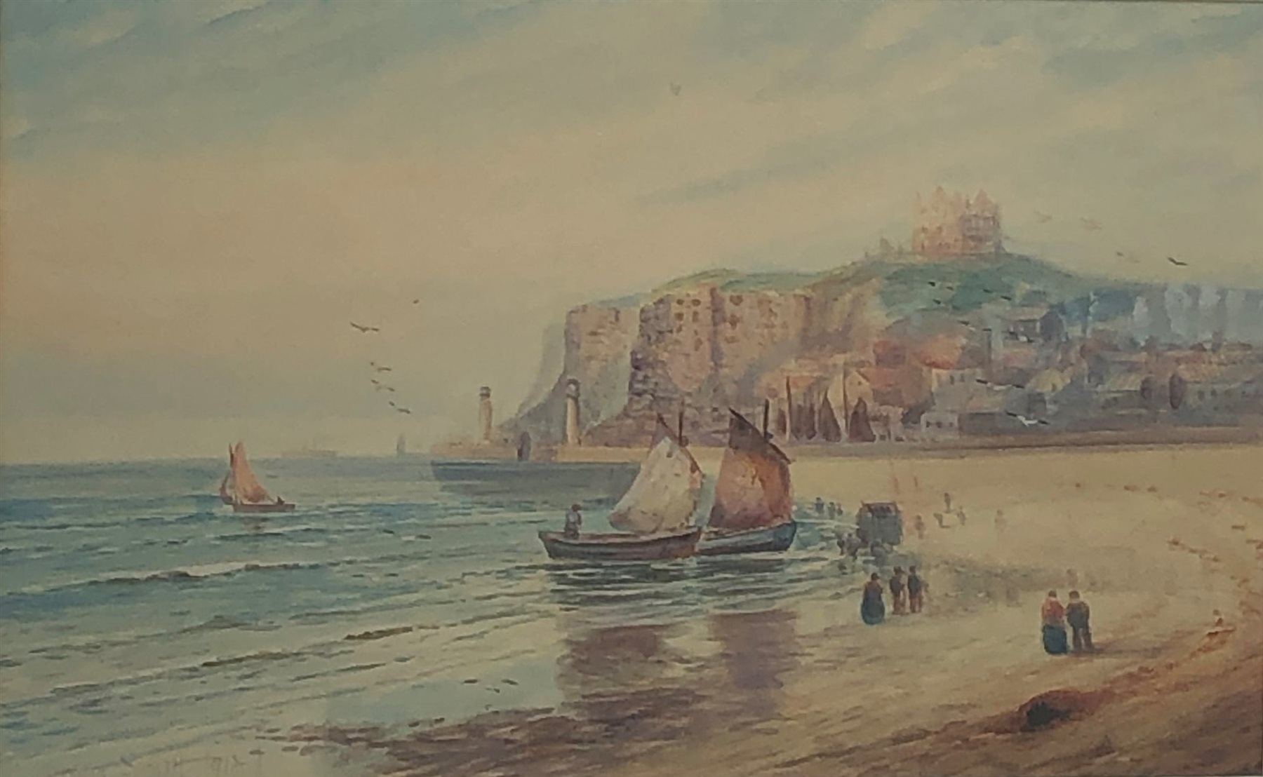 Austin Smith (British early 20th century): Boats and Bathing Machines on the Beach at 'Whitby', watercolour signed, titled and dated 1918, 27cm x 44cm