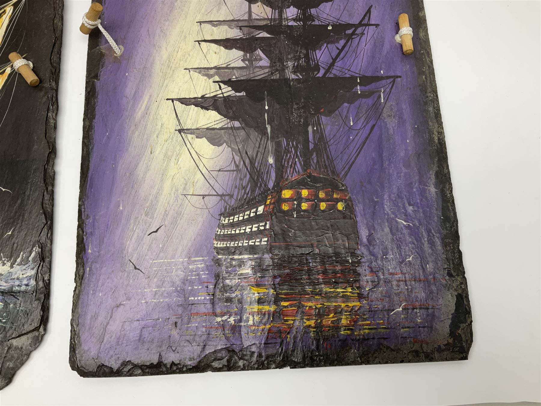 Michael J Whitehand (British 1941-): Three oil paintings of ships on slate signed, largest H40cm, L75cm