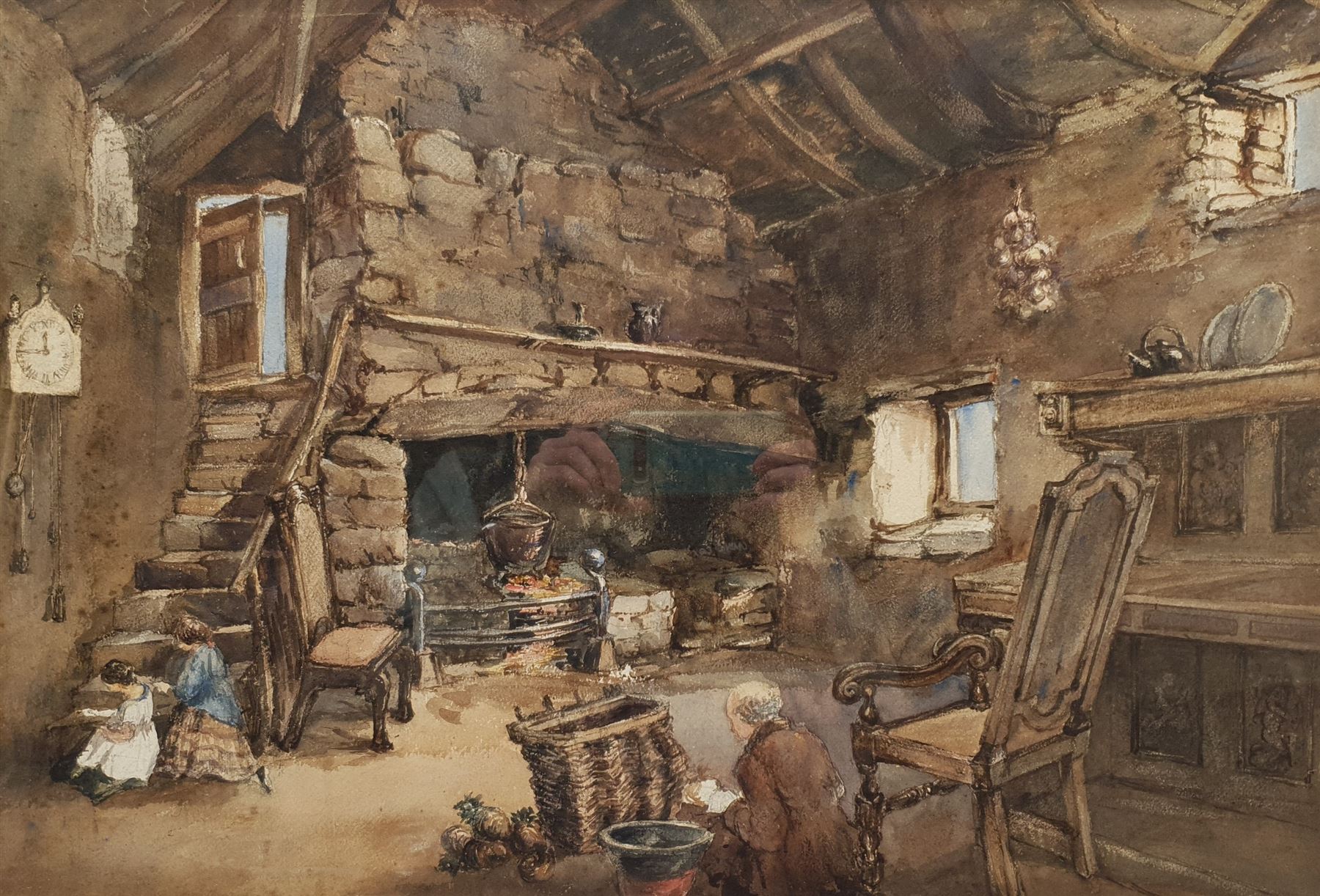 English School (Early 20th century): Figures in a Stone Cottage Interior, watercolour unsigned 39cm x 58cm