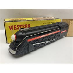 Mickey Mouse Trick Star battery operated drummer figure; Illco Mickey Mouse battery operated Fun Castle Roller Coaster; battery operated Western Express Locomotive; and JK Wells Fargo Overland Stage scale model; all boxed (4)