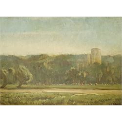 Paul Paul (Staithes Group 1865-1937): Castle with Cattle Grazing by the River, oil on mahogany panel signed, artist's studio stamp verso 22cm x 30cm 
Provenance: from the artist's studio collection. Paul Politachi, born in Constantinople in 1865, was the son of Constantine Politachi (1840-1914), a merchant in cotton goods, and his wife Virginie. About 1870 the family came to England, and in 1871 Paul is listed as living at 4 Victoria Crescent, Broughton, Salford with his parents, two younger sisters Eutcripi and Emilie, paternal grandmother Fotine, a governess and a servant. In January 1887 he enrolled at Hubert von Herkomer's School at Bushey, where he presumably met fellow future Staithes Group members Rowland Henry Hill and Percy Morton Teasdale.

After his marriage to Marion Archer in 1896 he changed his name to the more Anglophone Paul Plato Paul. He exhibited at the Royal Academy ten times between 1901 and 1932. He was elected to the Royal Society of British Artists in 1903 and in that year exhibited 'The Old Pier, Walberswick' and 'The Road to the Village' in their winter exhibition. Two years later he was elected a member of the Staithes Art Club, alongside Teasdale. He died at 11 Bath Road, Bedford Park, Brentford, Middlesex on 23 January 1937, aged 71.