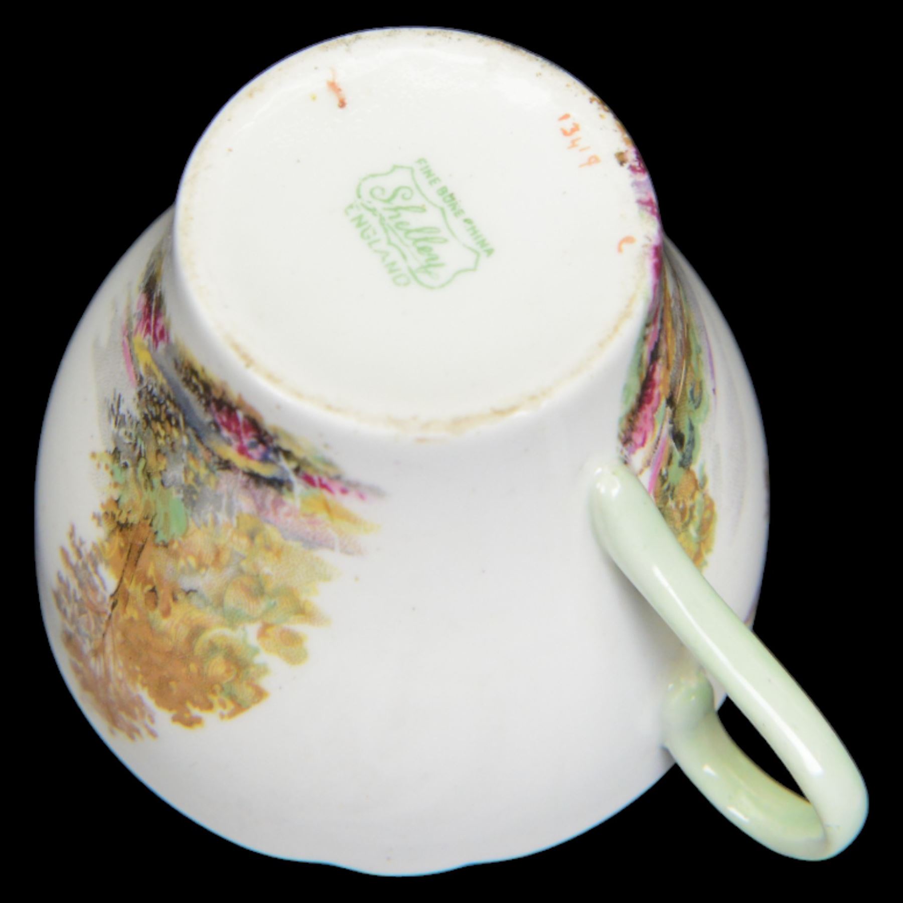 Shelley Heather pattern coffee service for six, including coffee pot, milk jug, two open sucrier, coffee cups and saucers, tea cups and saucers, etc