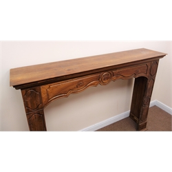  Victorian style walnut fire surround, projecting cornice, carved detailing, W178cm, H126cm, D40cm  