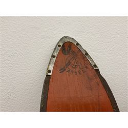 Pair of 1930s wooden skis, with painted metal runners beneath stamped Attenhofer, with retailers label for Ernst Gertsch Central Sports, L206cm
