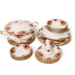 Royal Albert Old Country Roses part tea and dinner service, including teapot, milk jug, open sucrier, six tea cups and saucers, four dinner plates etc 