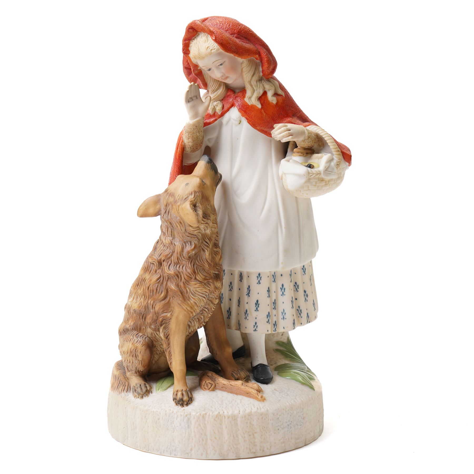 Pair of 19th century bisque figures Little Red Riding Hood and Mary had a Little Lamb H29cm